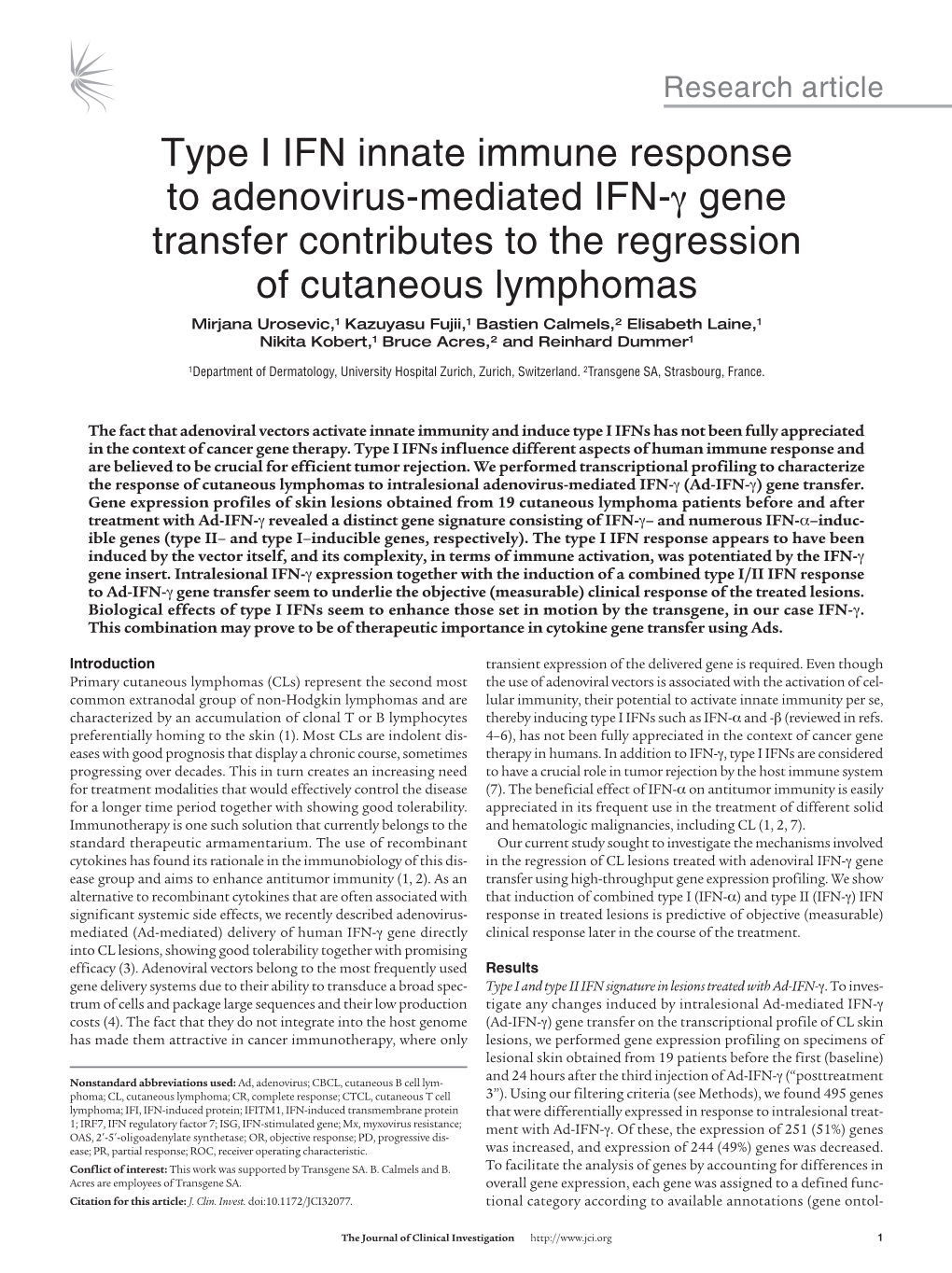 Type I IFN Innate Immune Response to Adenovirus-Mediated IFN-Γ Gene