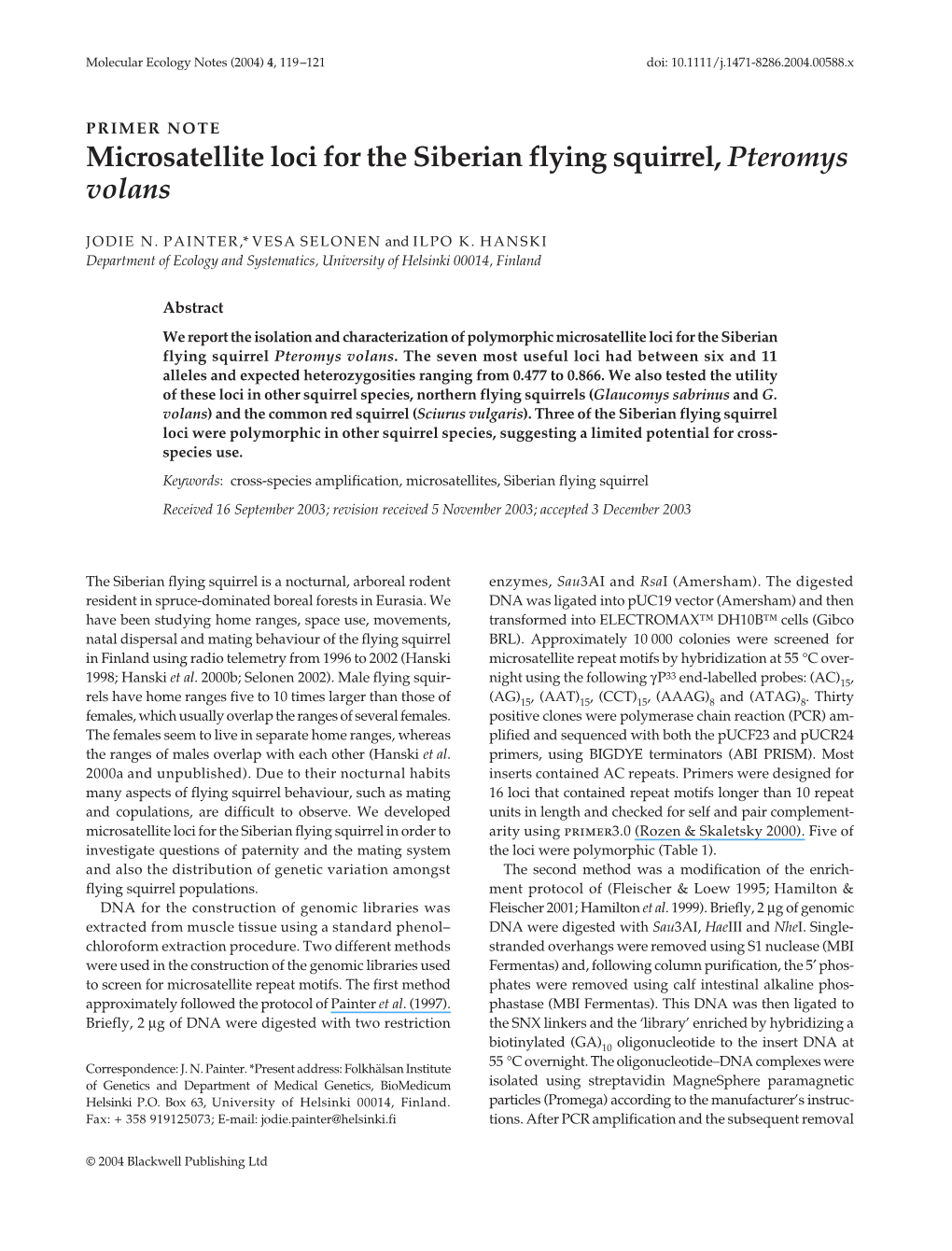 Microsatellite Loci for the Siberian Flying Squirrel, Pteromys Volans