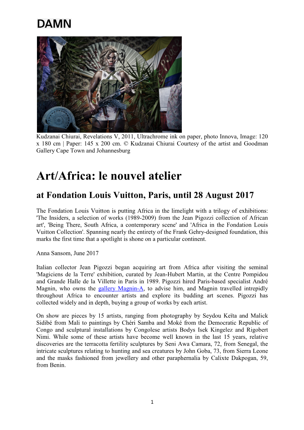 Art/Africa: Le Nouvel Atelier at Fondation Louis Vuitton, Paris, Until 28 August 2017