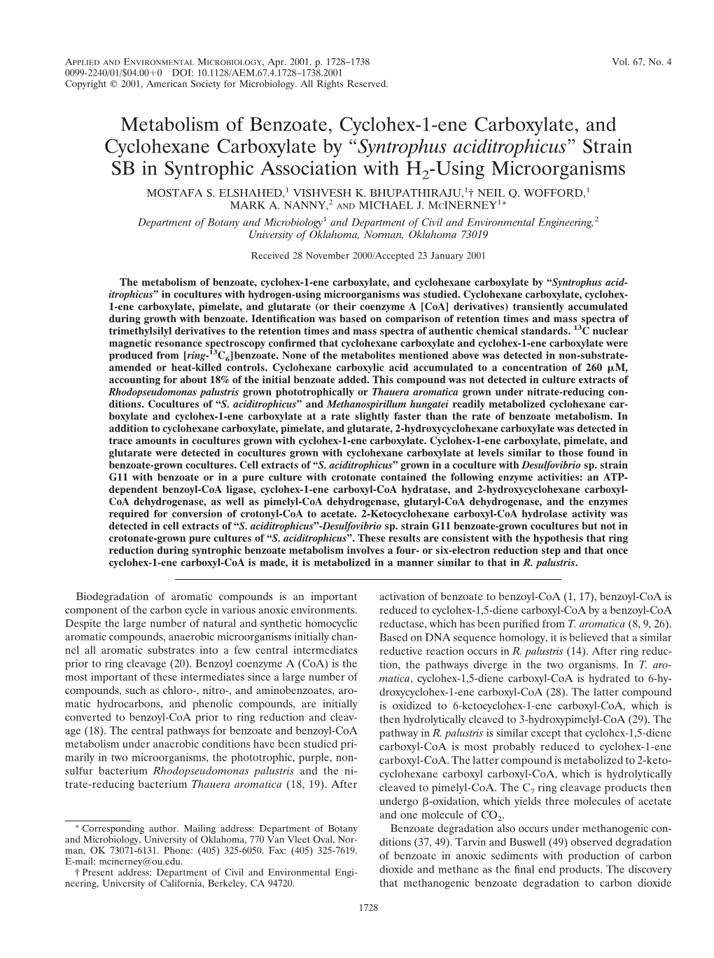 Syntrophus Aciditrophicus” Strain SB in Syntrophic Association with H2-Using Microorganisms MOSTAFA S