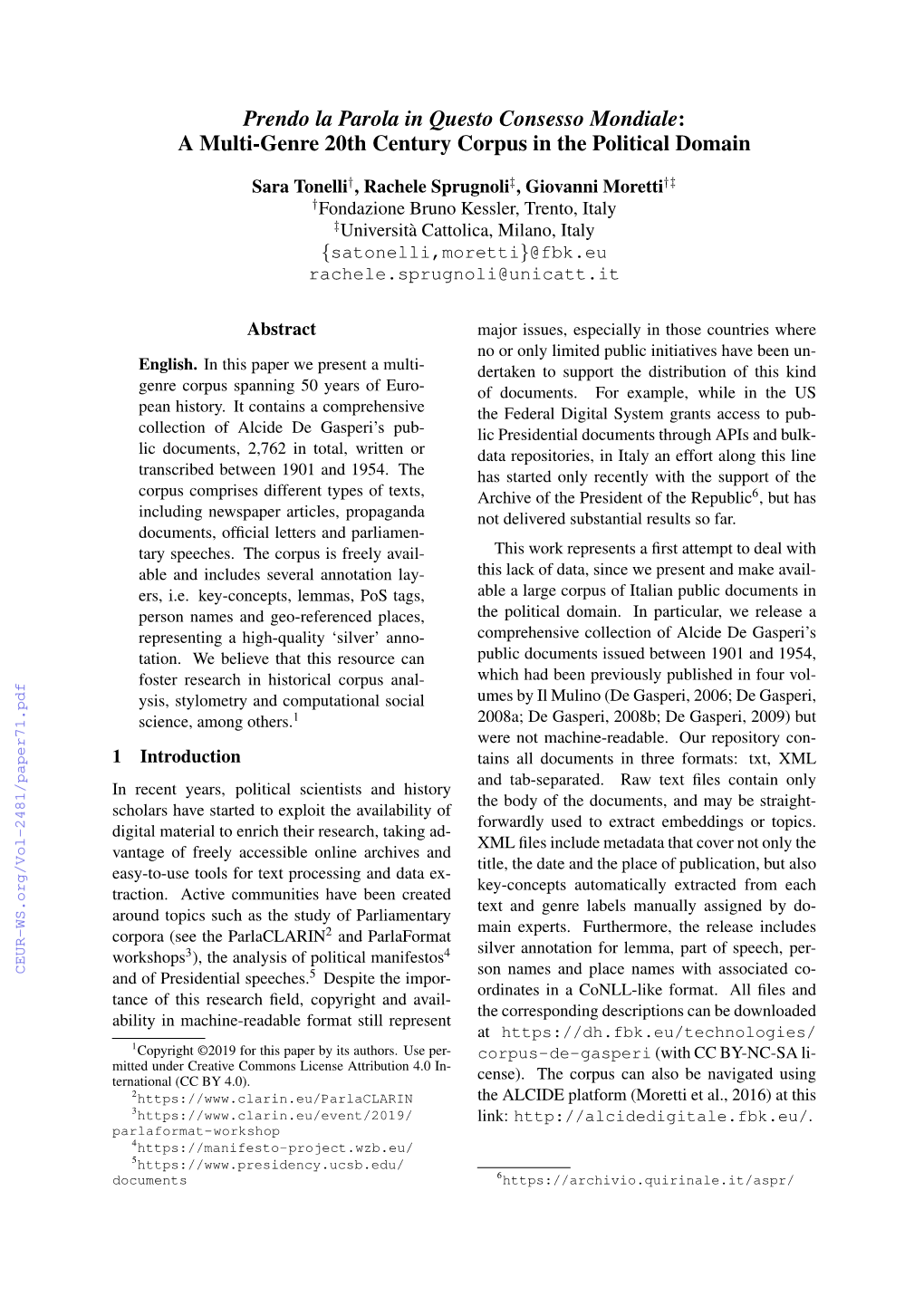 Prendo La Parola in Questo Consesso Mondiale: a Multi-Genre 20Th Century Corpus in the Political Domain