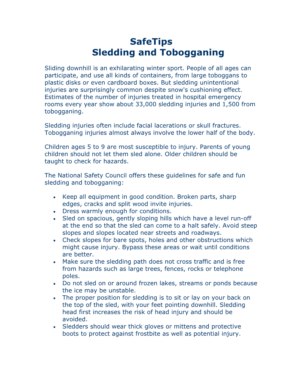 Safetipssledding and Tobogganing