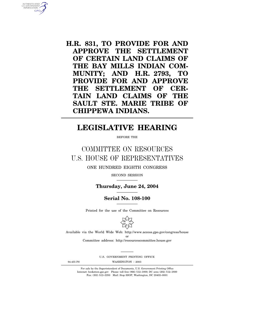 Legislative Hearing Committee on Resources U.S