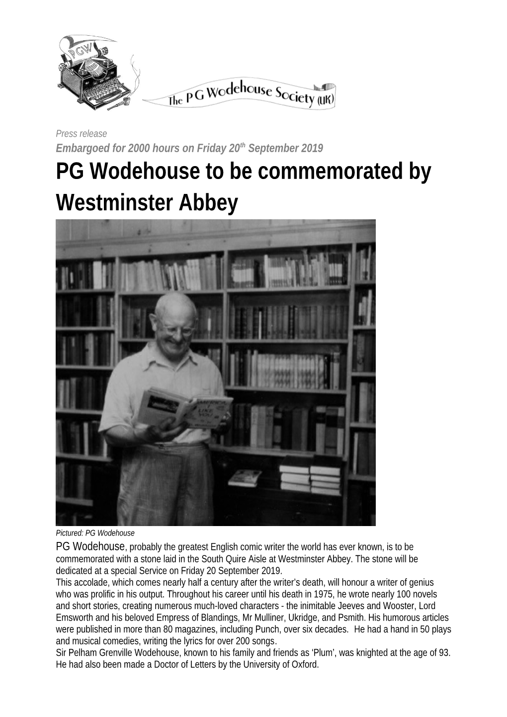 PG Wodehouse to Be Commemorated by Westminster Abbey