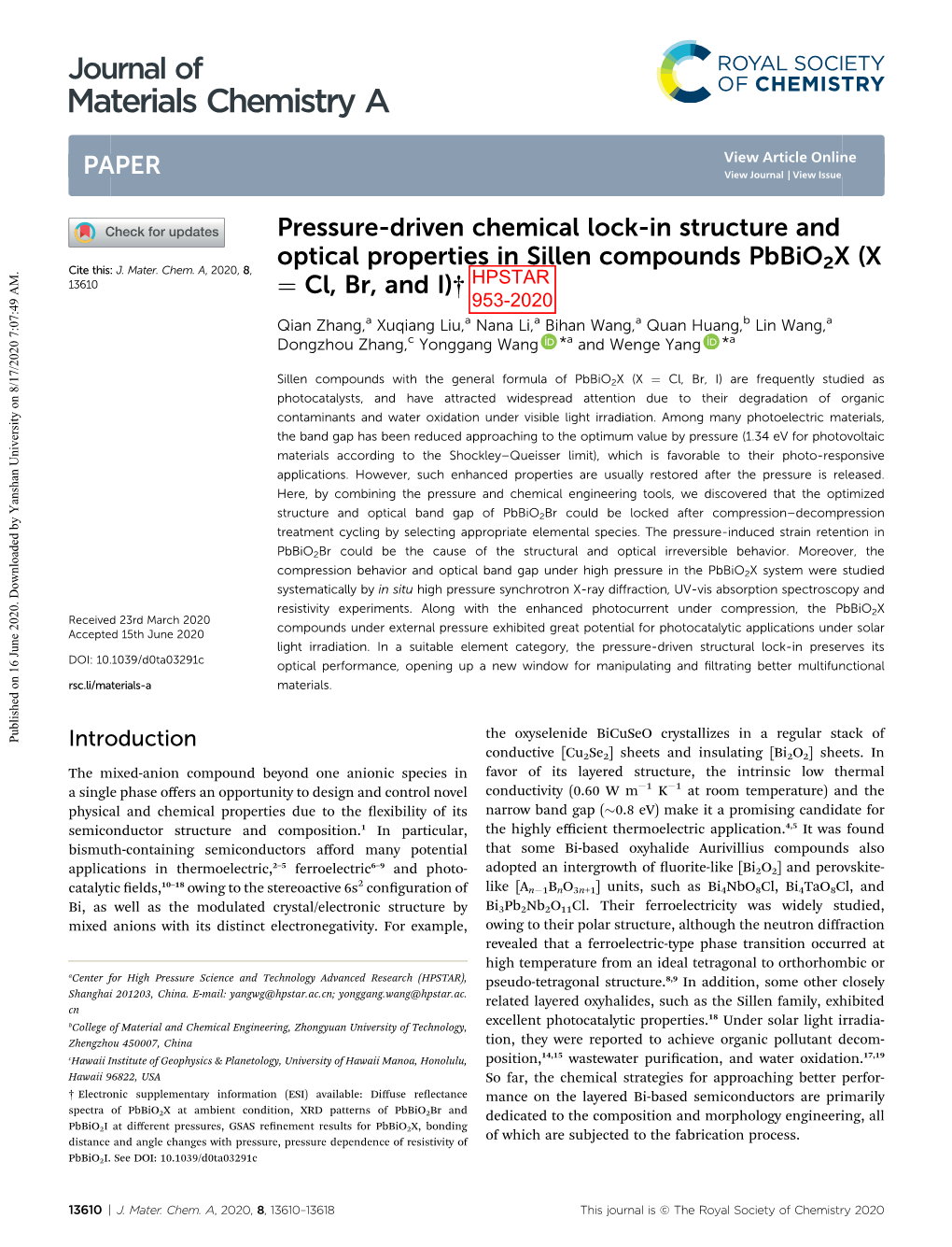 Pressure-Driven Chemical Lock-In Structure and Optical Properties in Sillen Compounds Pbbio2x(X Cite This: J