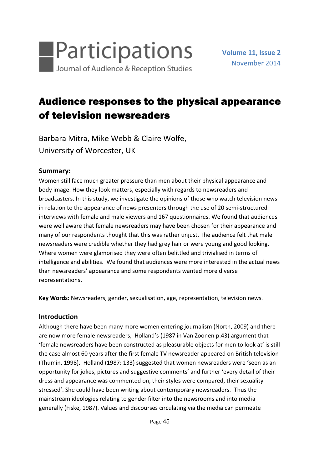 Audience Responses to the Physical Appearance of Television Newsreaders