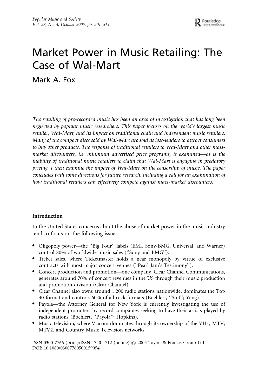 Market Power in Music Retailing: the Case of Wal-Mart Mark A