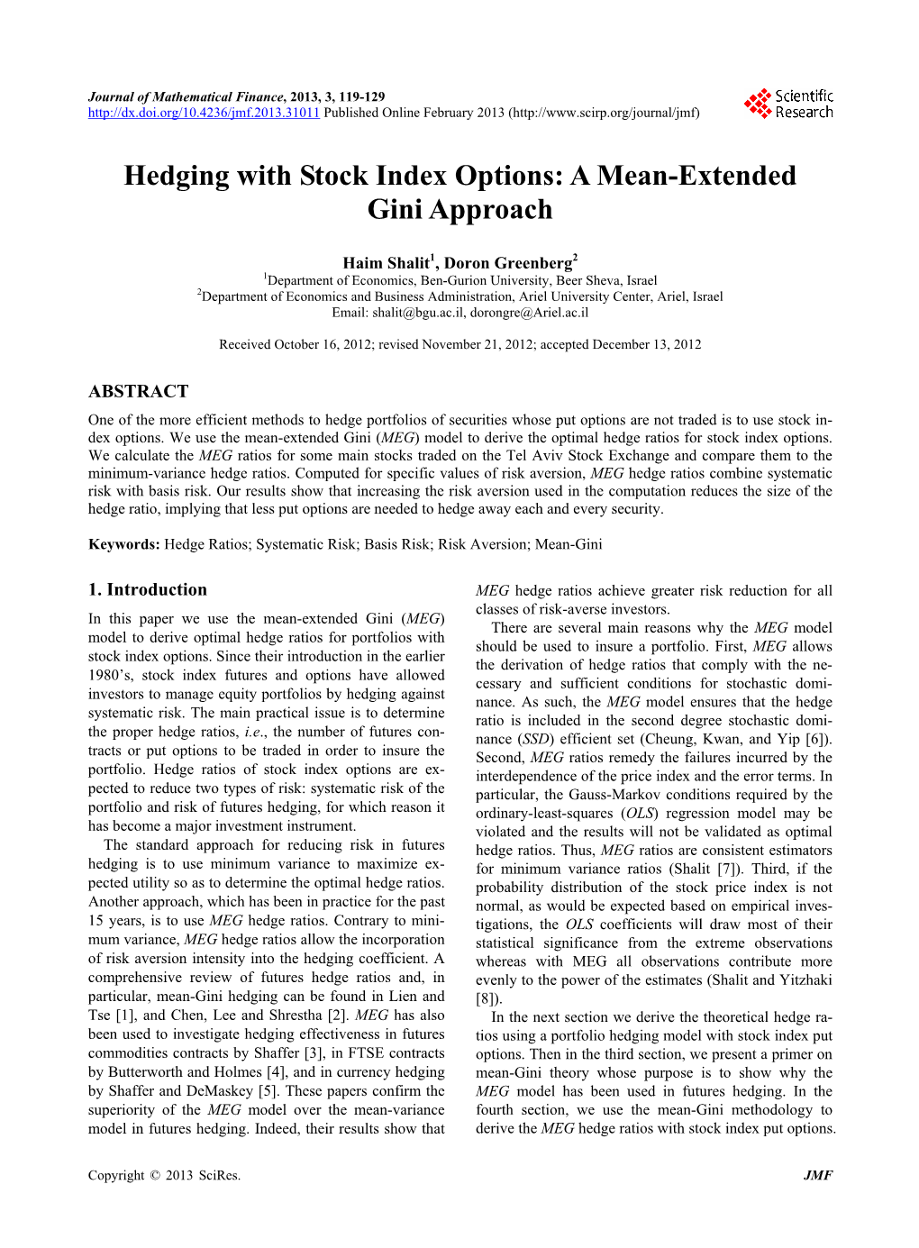Hedging with Stock Index Options: a Mean-Extended Gini Approach