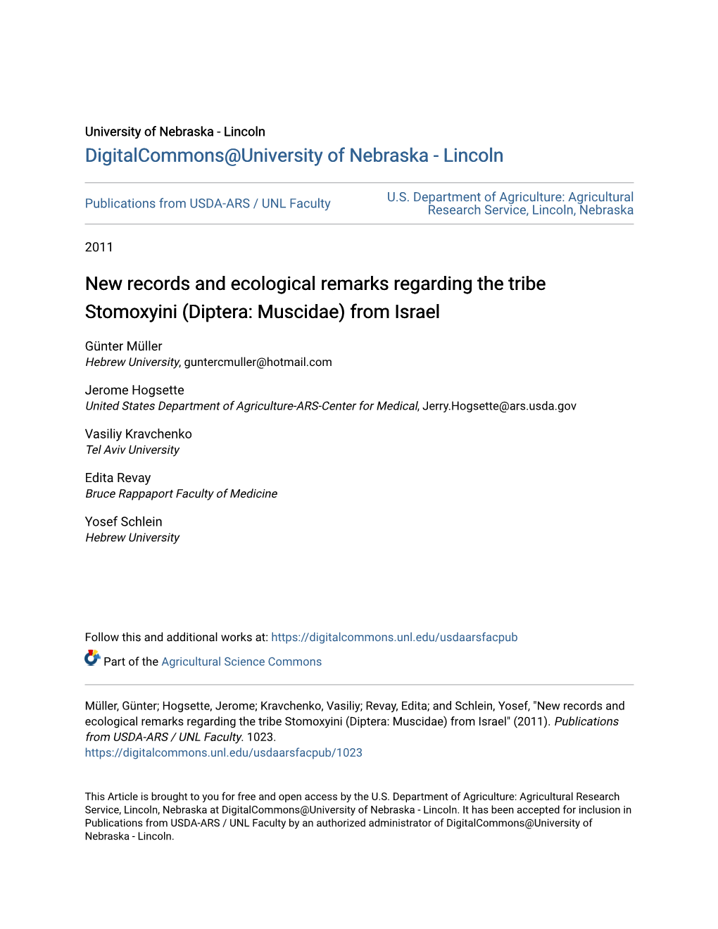 New Records and Ecological Remarks Regarding the Tribe Stomoxyini (Diptera: Muscidae) from Israel