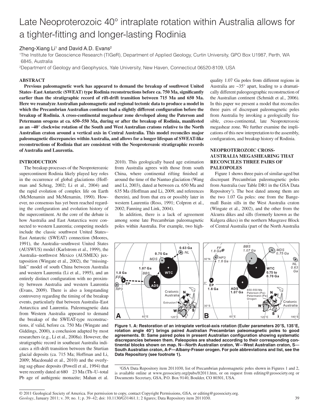 Late Neoproterozoic 40° Intraplate Rotation Within Australia Allows for a Tighter-ﬁ Tting and Longer-Lasting Rodinia