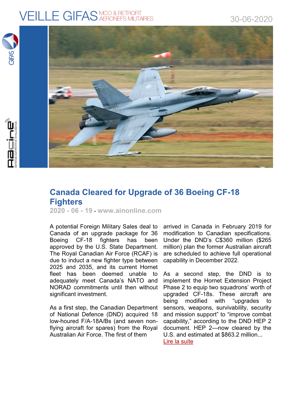 30-06-2020 Canada Cleared for Upgrade of 36 Boeing CF-18 Fighters