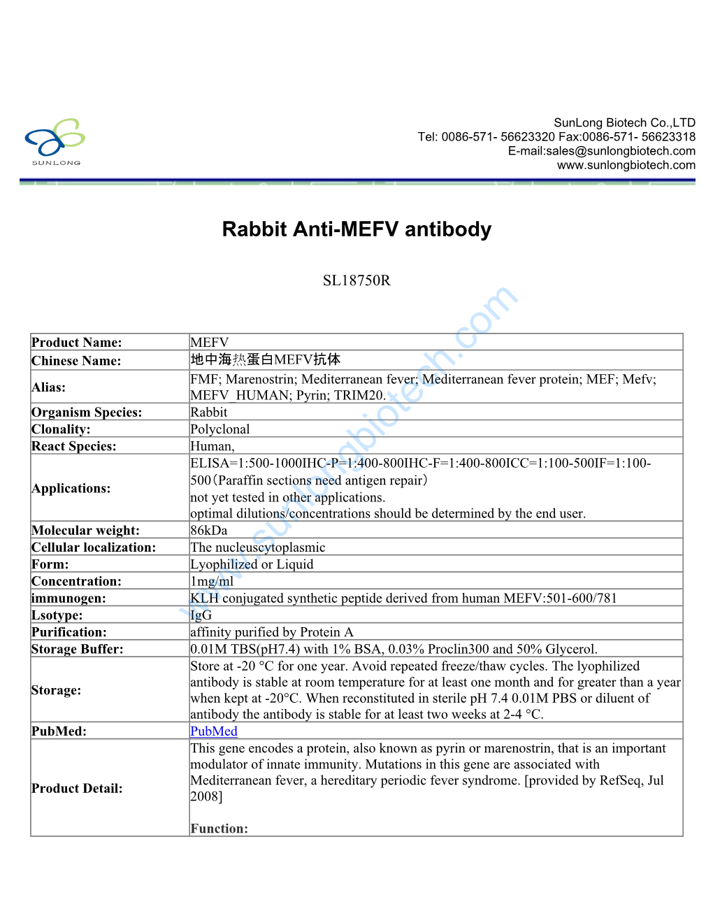 Rabbit Anti-MEFV Antibody-SL18750R