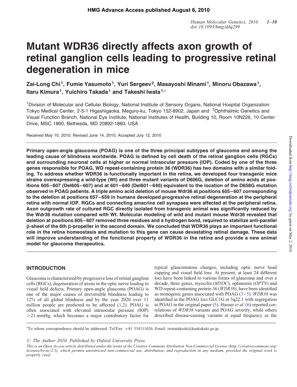 Mutant WDR36 Directly Affects Axon Growth of Retinal Ganglion Cells Leading to Progressive Retinal Degeneration in Mice