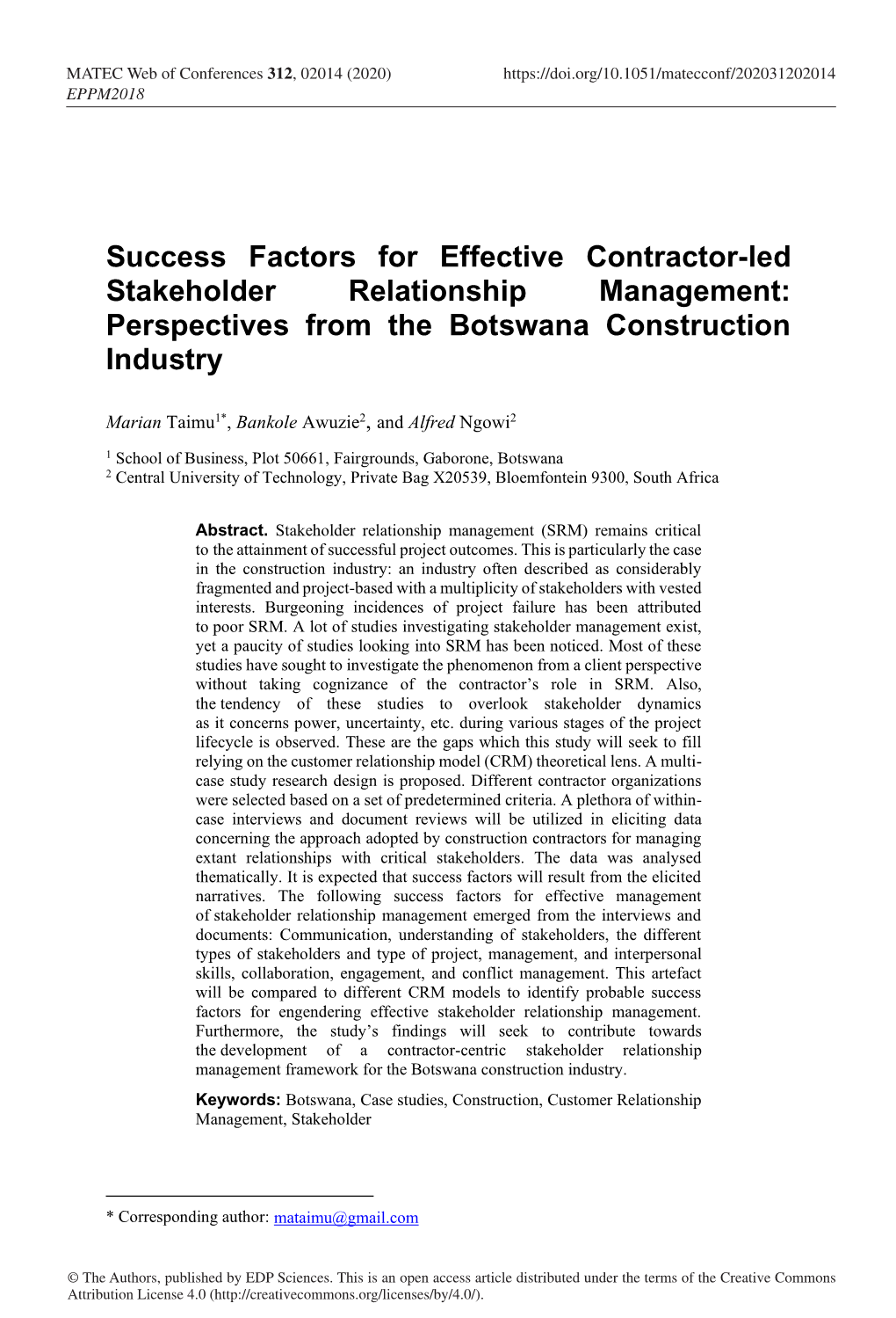 Success Factors for Effective Contractor-Led Stakeholder Relationship Management: Perspectives from the Botswana Construction Industry