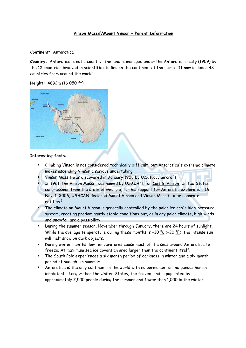 Vinson Massif/Mount Vinson – Parent Information