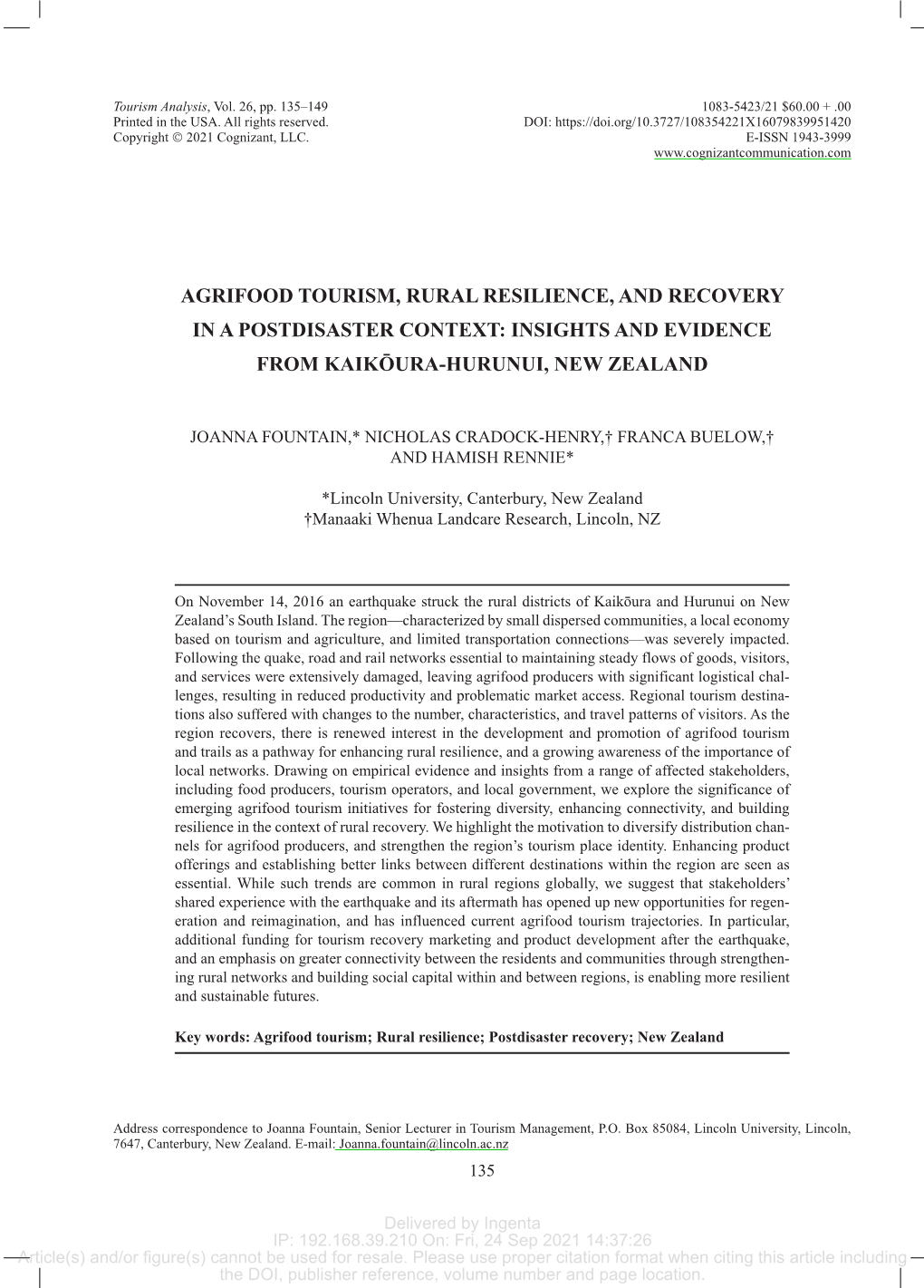 Agrifood Tourism, Rural Resilience, and Recovery in a Postdisaster Context: Insights and Evidence from Kaikōura-Hurunui, New Zealand