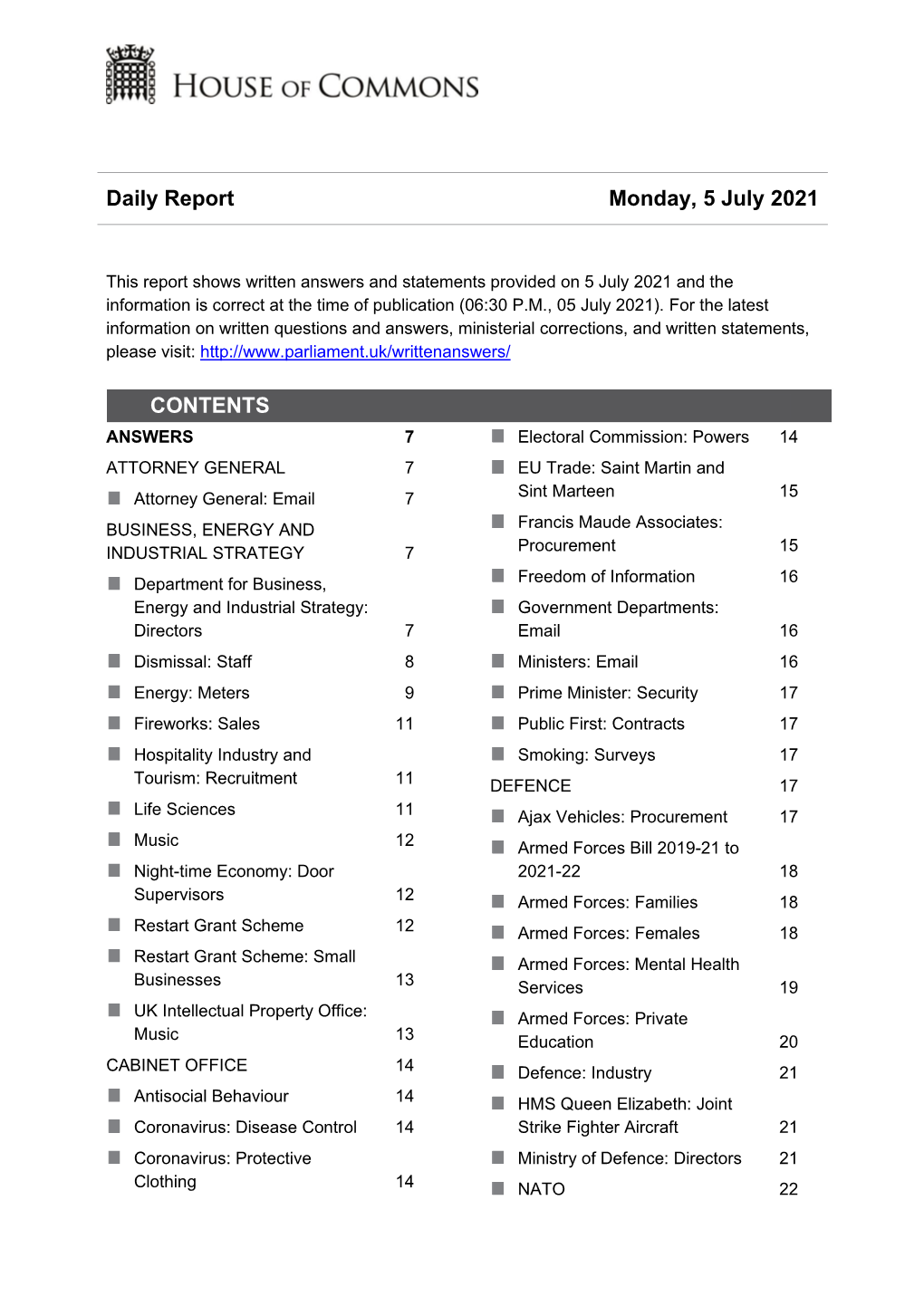 Daily Report Monday, 5 July 2021 CONTENTS