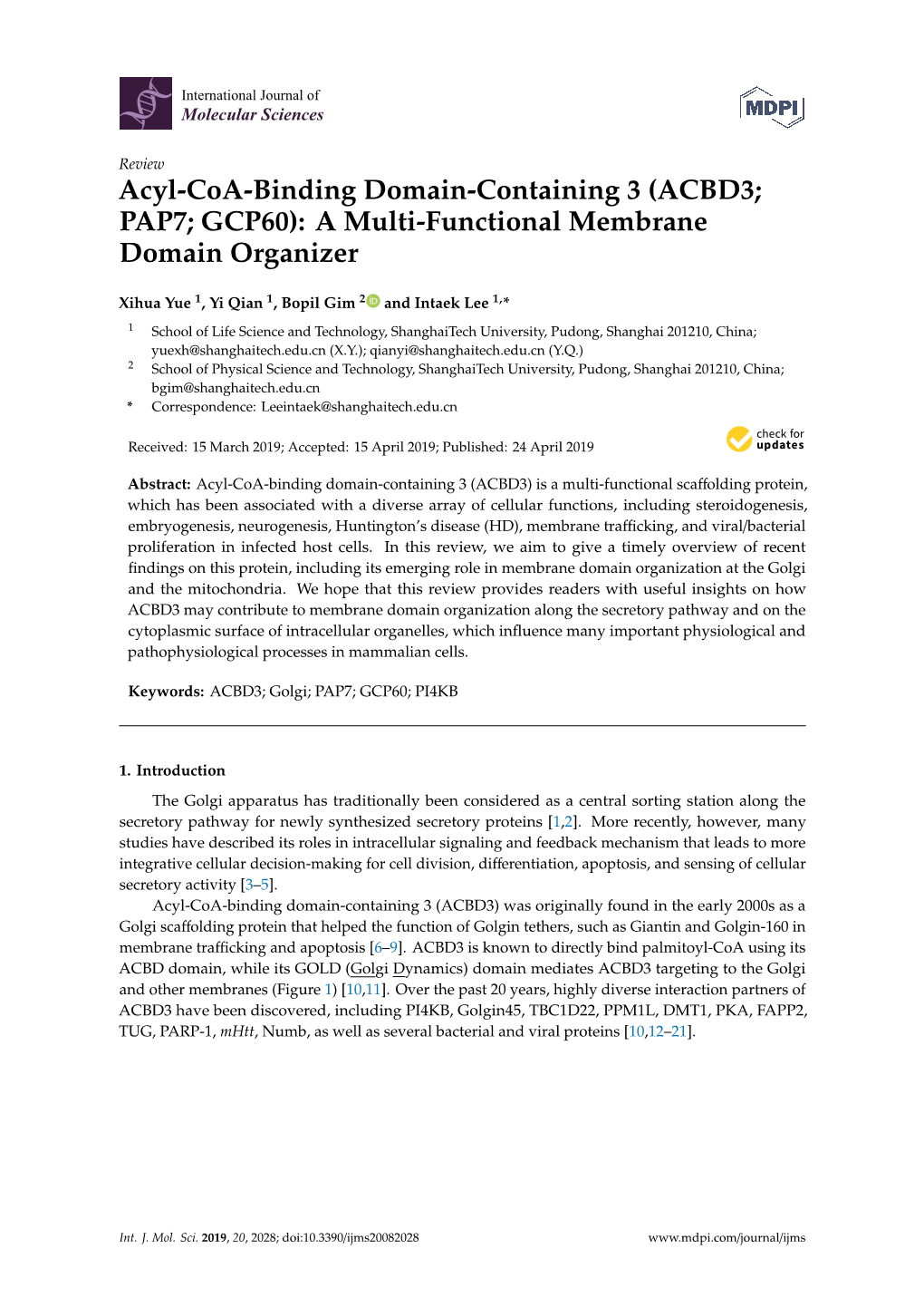 Acyl-Coa-Binding Domain-Containing 3 (ACBD3; PAP7; GCP60): a Multi-Functional Membrane Domain Organizer