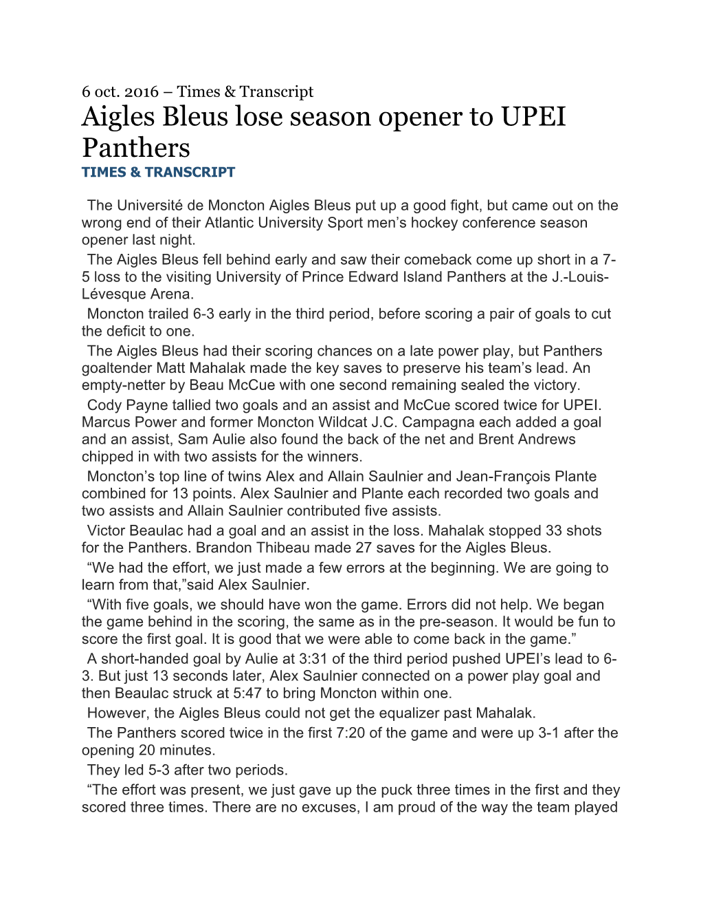 Aigles Bleus Lose Season Opener to UPEI Panthers TIMES & TRANSCRIPT