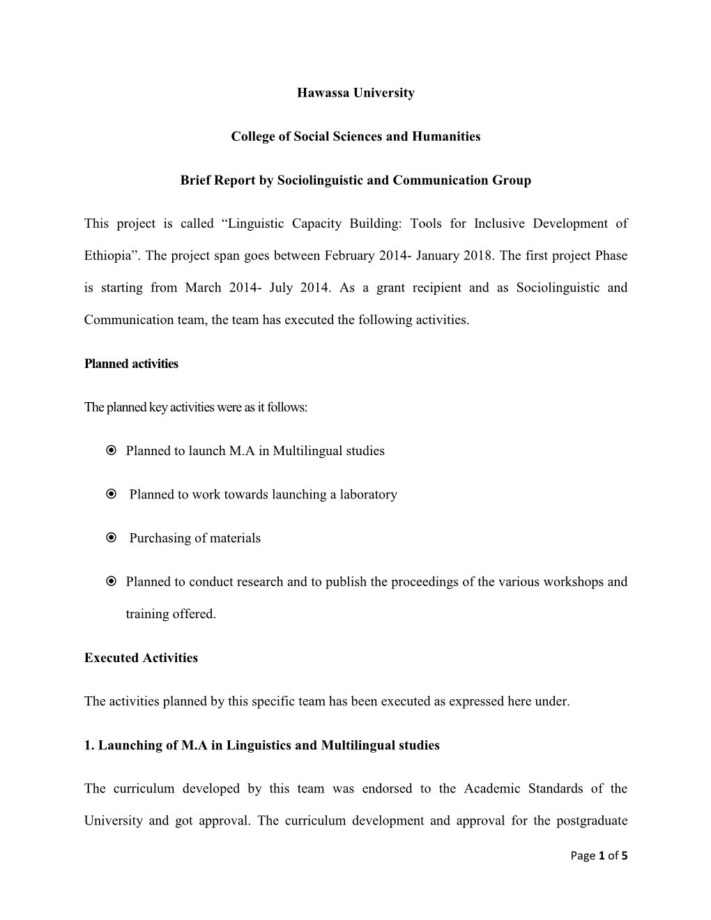 Hawassa University College of Social Sciences and Humanities Brief