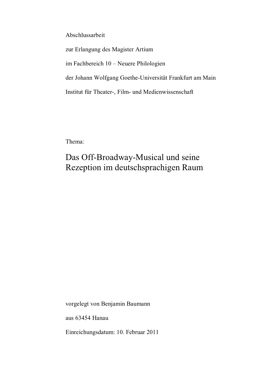 Das Off-Broadway-Musical Und Seine Rezeption Im Deutschsprachigen Raum