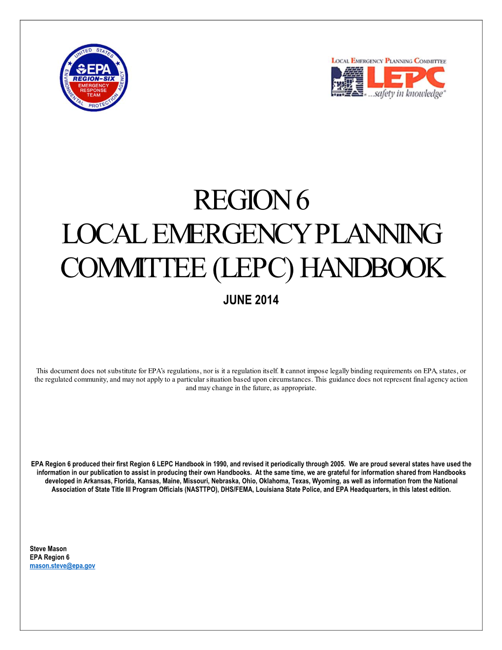 Region 6 Local Emergency Planning Committee (Lepc) Handbook June 2014