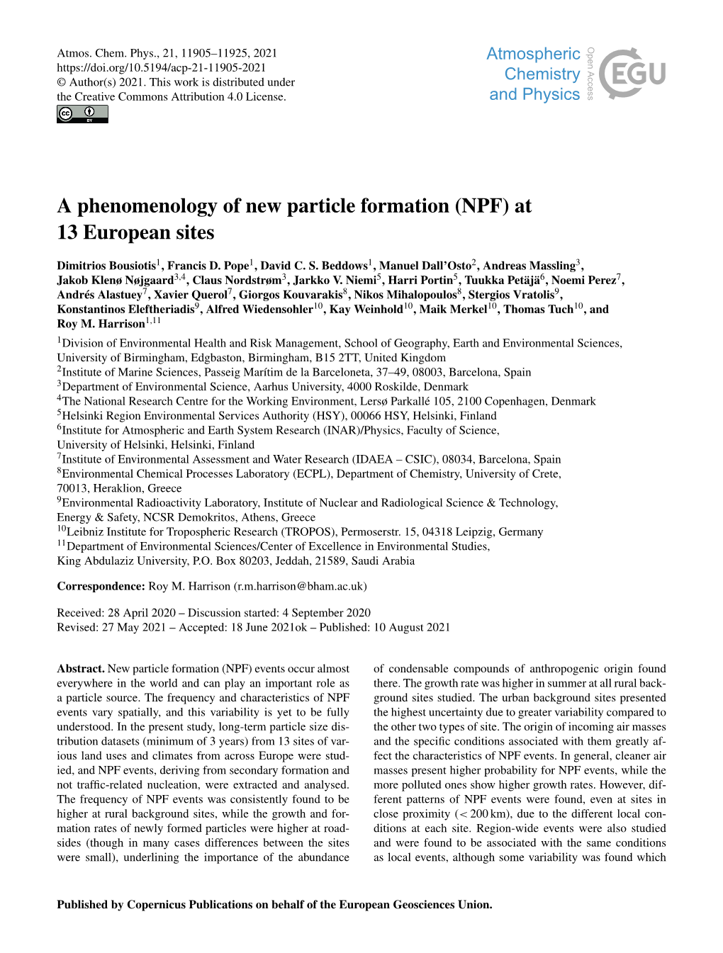 Article Formation (NPF) at 13 European Sites