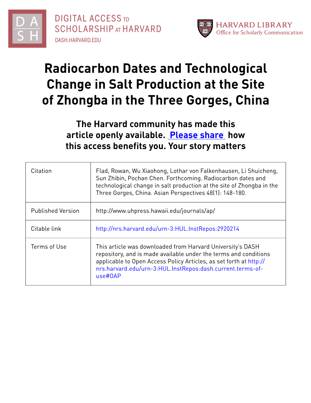 Radiocarbon Dates and Technological Change in Salt Production at the Site of Zhongba in the Three Gorges, China