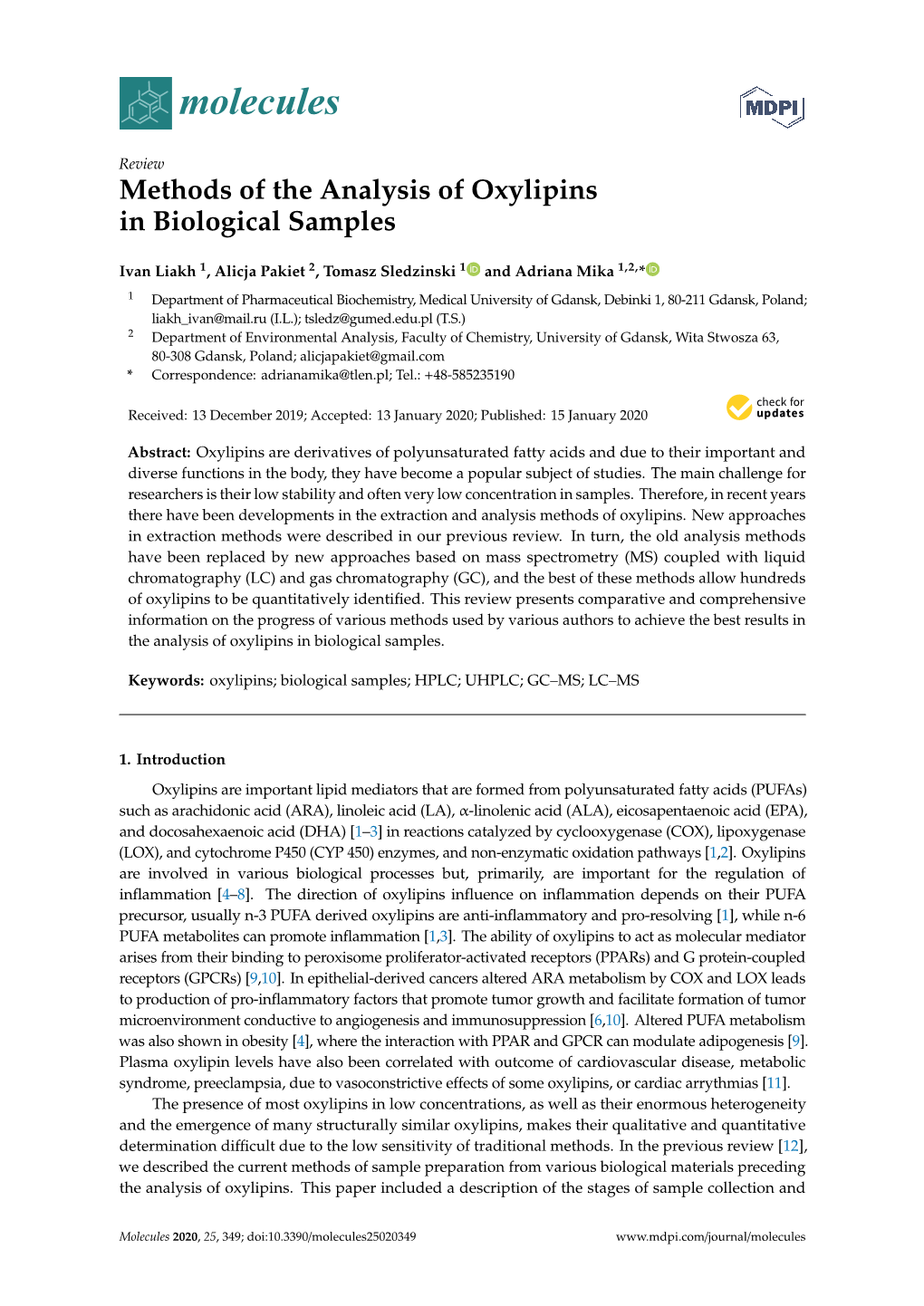 Methods of the Analysis of Oxylipins in Biological Samples