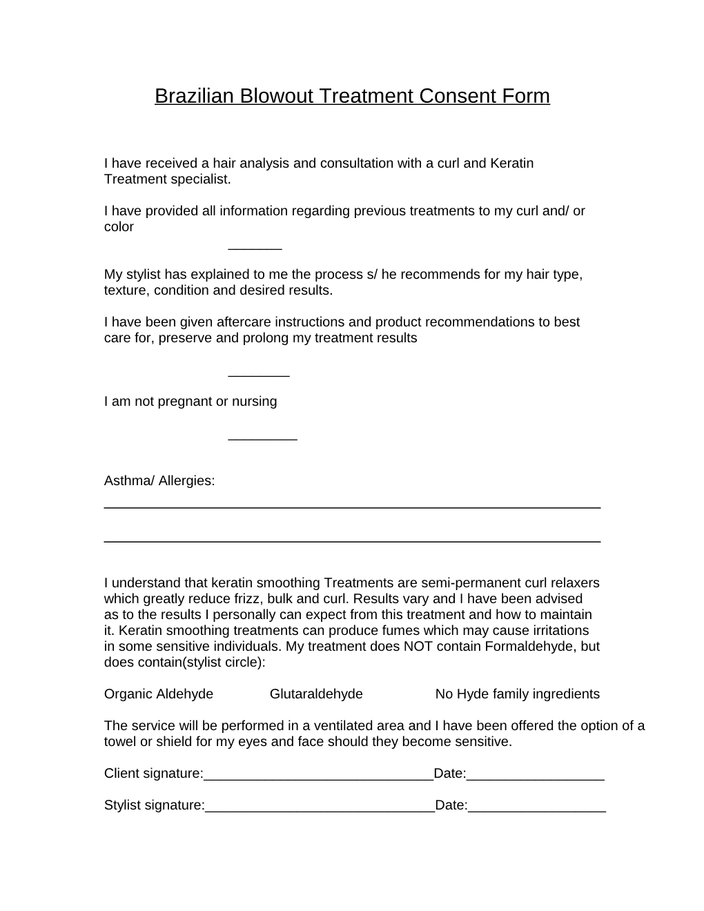 Brazilian Blowout Treatment Consent Form