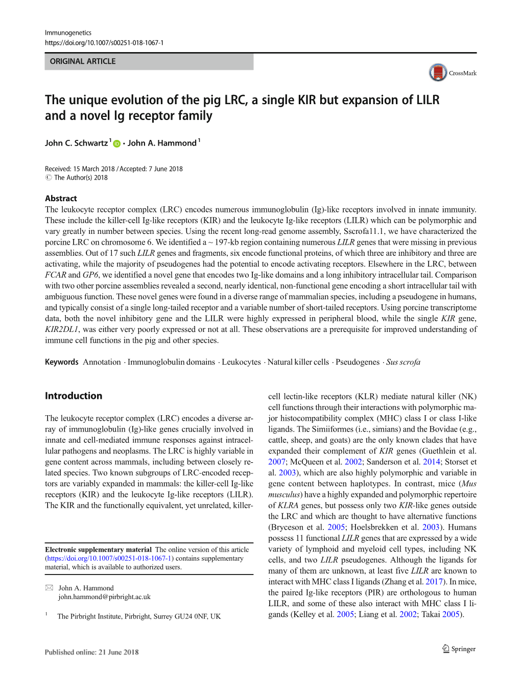 The Unique Evolution of the Pig LRC, a Single KIR but Expansion of LILR and a Novel Ig Receptor Family