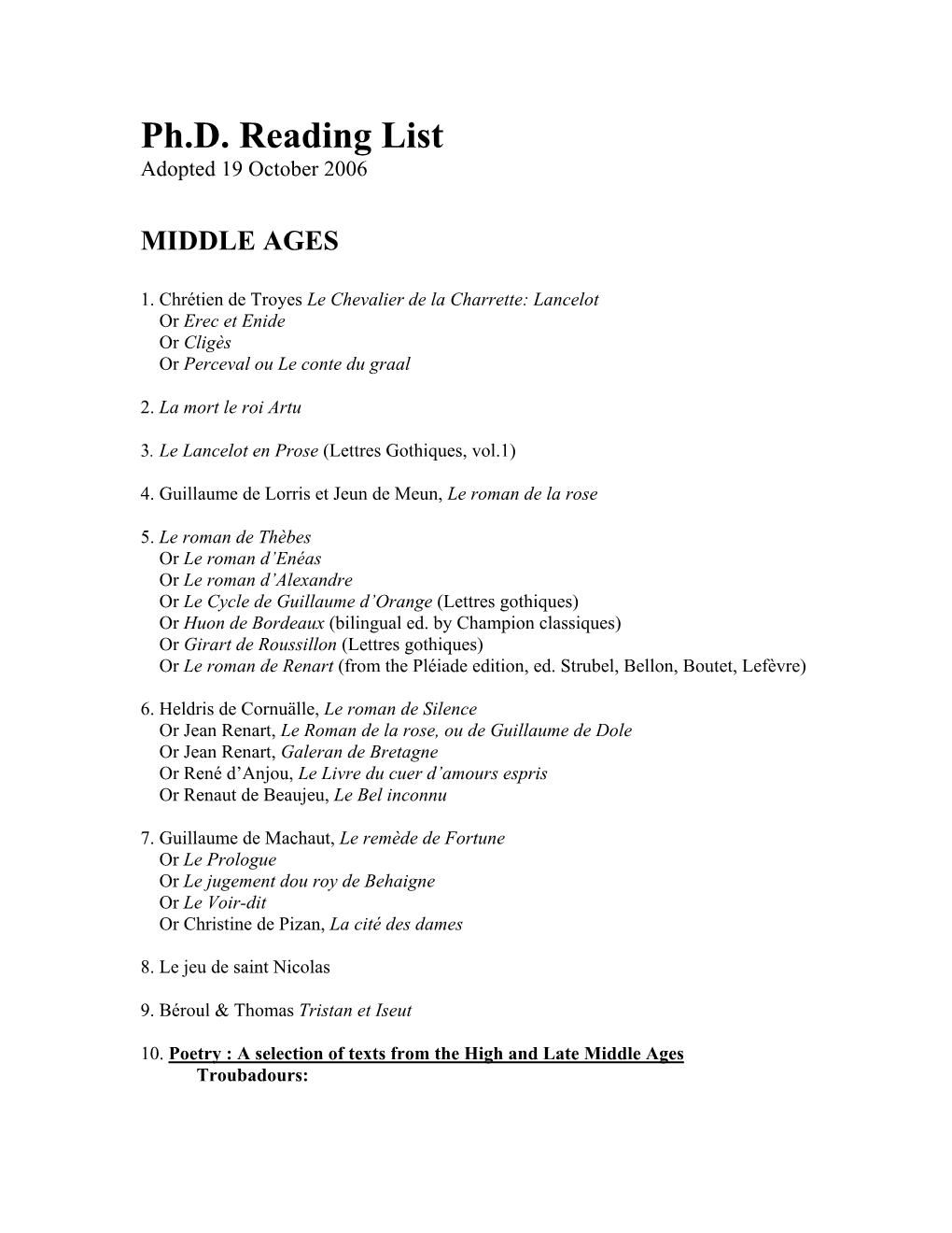 Ph.D. Reading List Adopted 19 October 2006