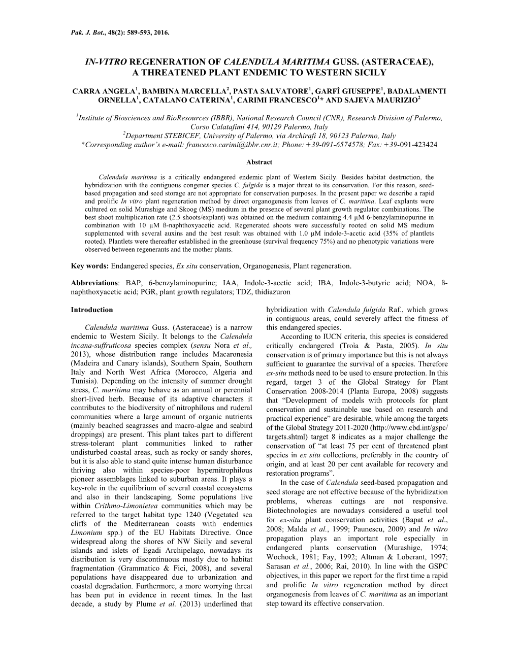 In-Vitro Regeneration of Calendula Maritima Guss