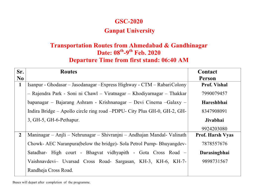 GSC-2020 Ganpat University Transportation Routes from Ahmedabad & Gandhinagar Date: 08 -9 Feb. 2020 Departure Time from Firs