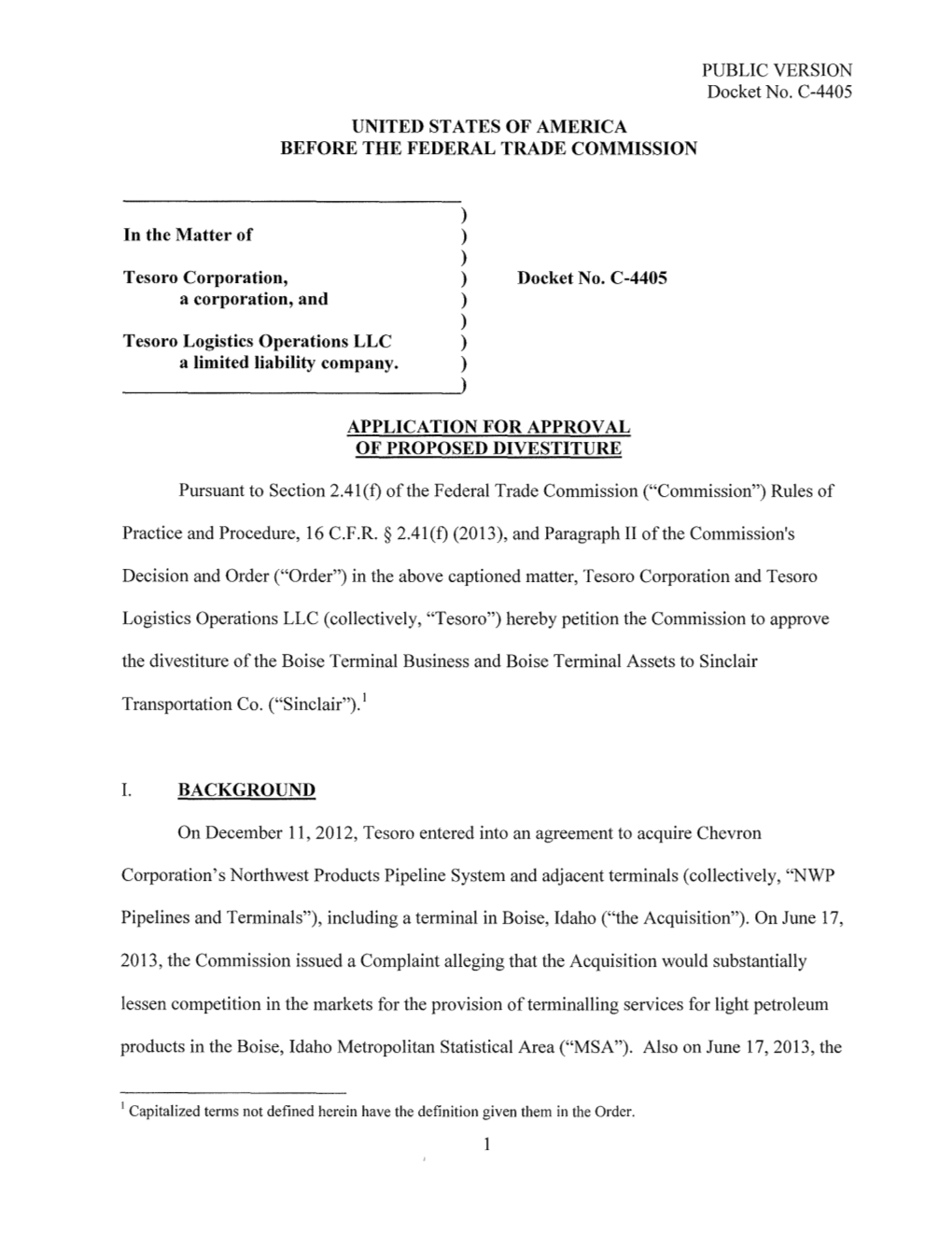 Application for Approval of Proposed Divestiture of the Boise Terminal