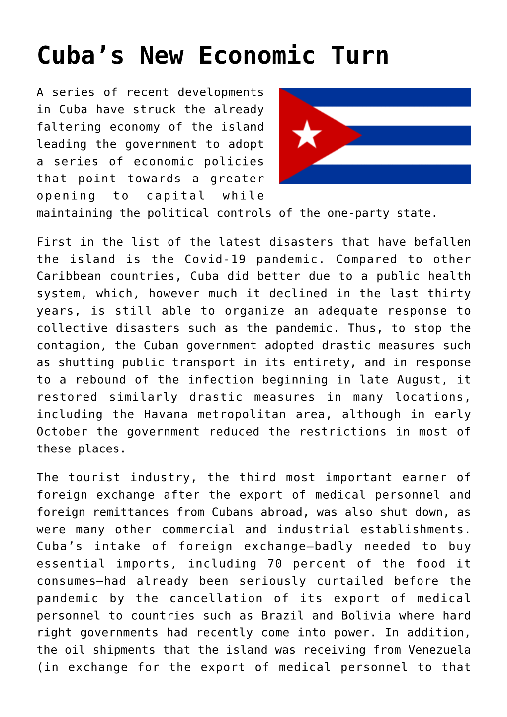 Cuba's New Economic Turn