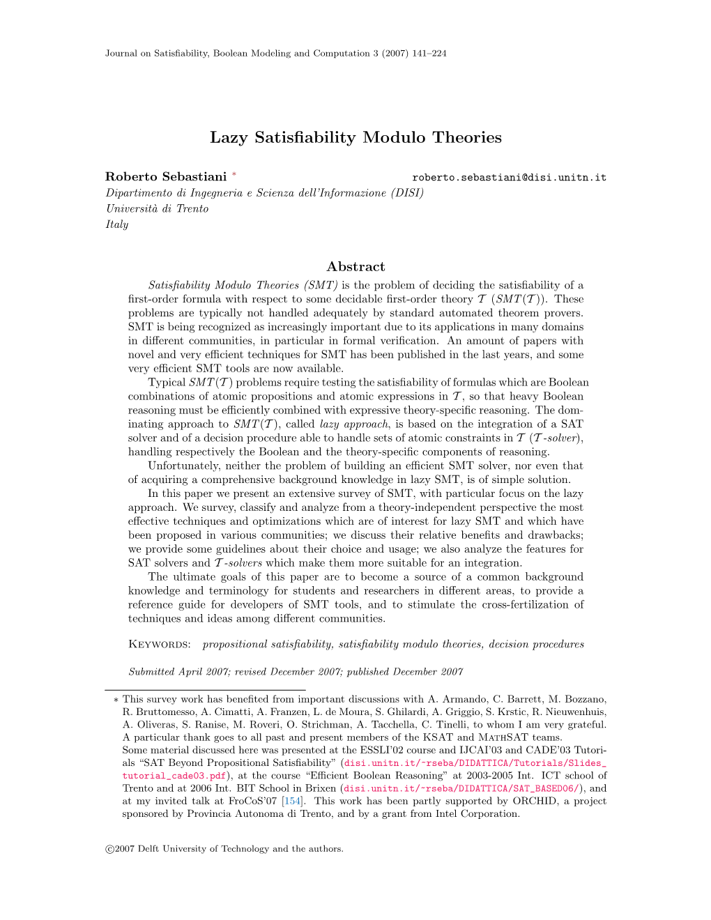 Lazy Satisfiability Modulo Theories