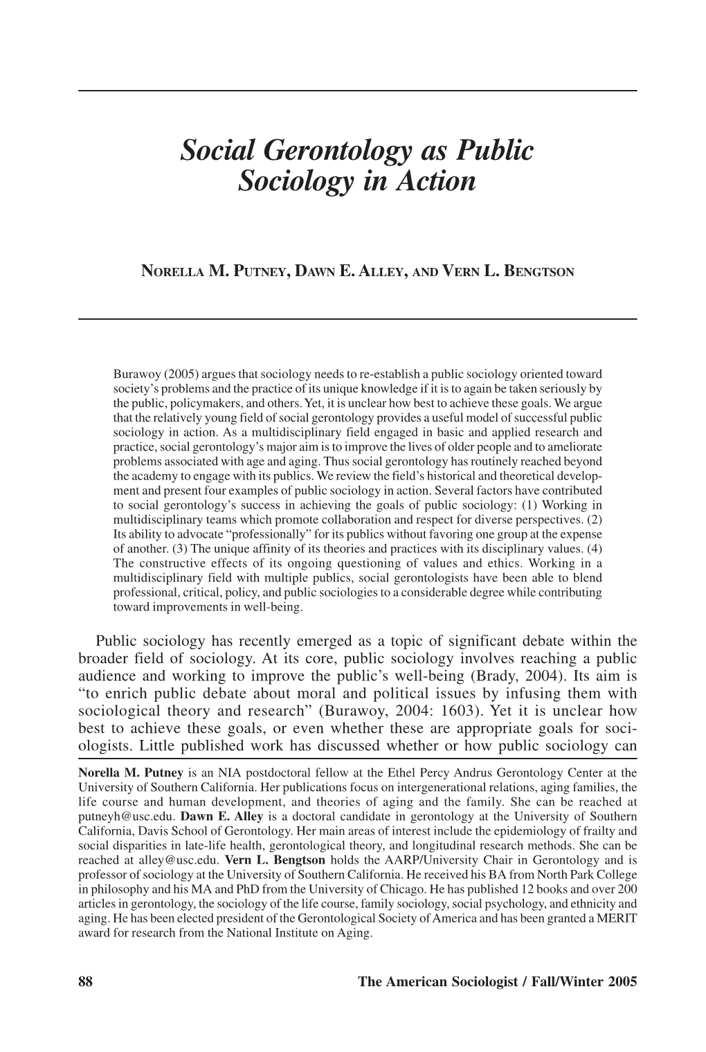 Social Gerontology As Public Sociology in Action