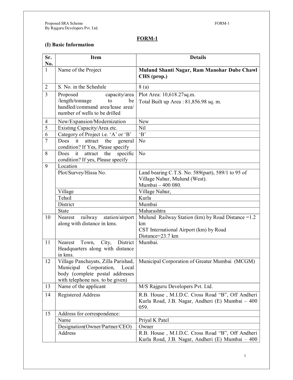 FORM-1 by Rajguru Developers Pvt