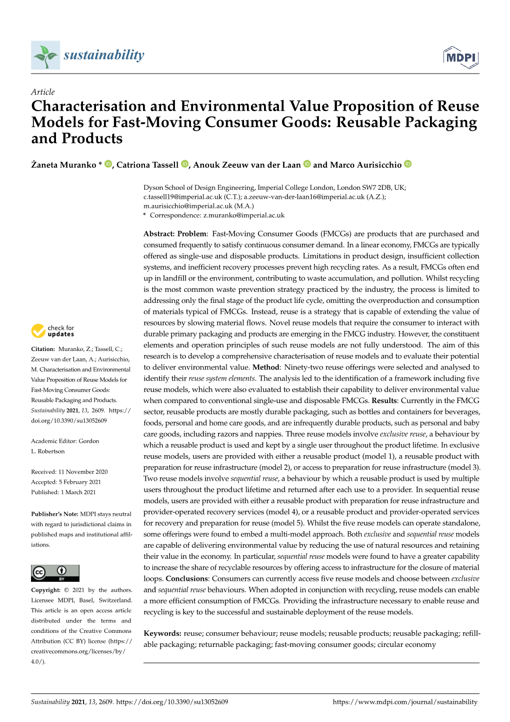Characterisation and Environmental Value Proposition of Reuse Models for Fast-Moving Consumer Goods: Reusable Packaging and Products