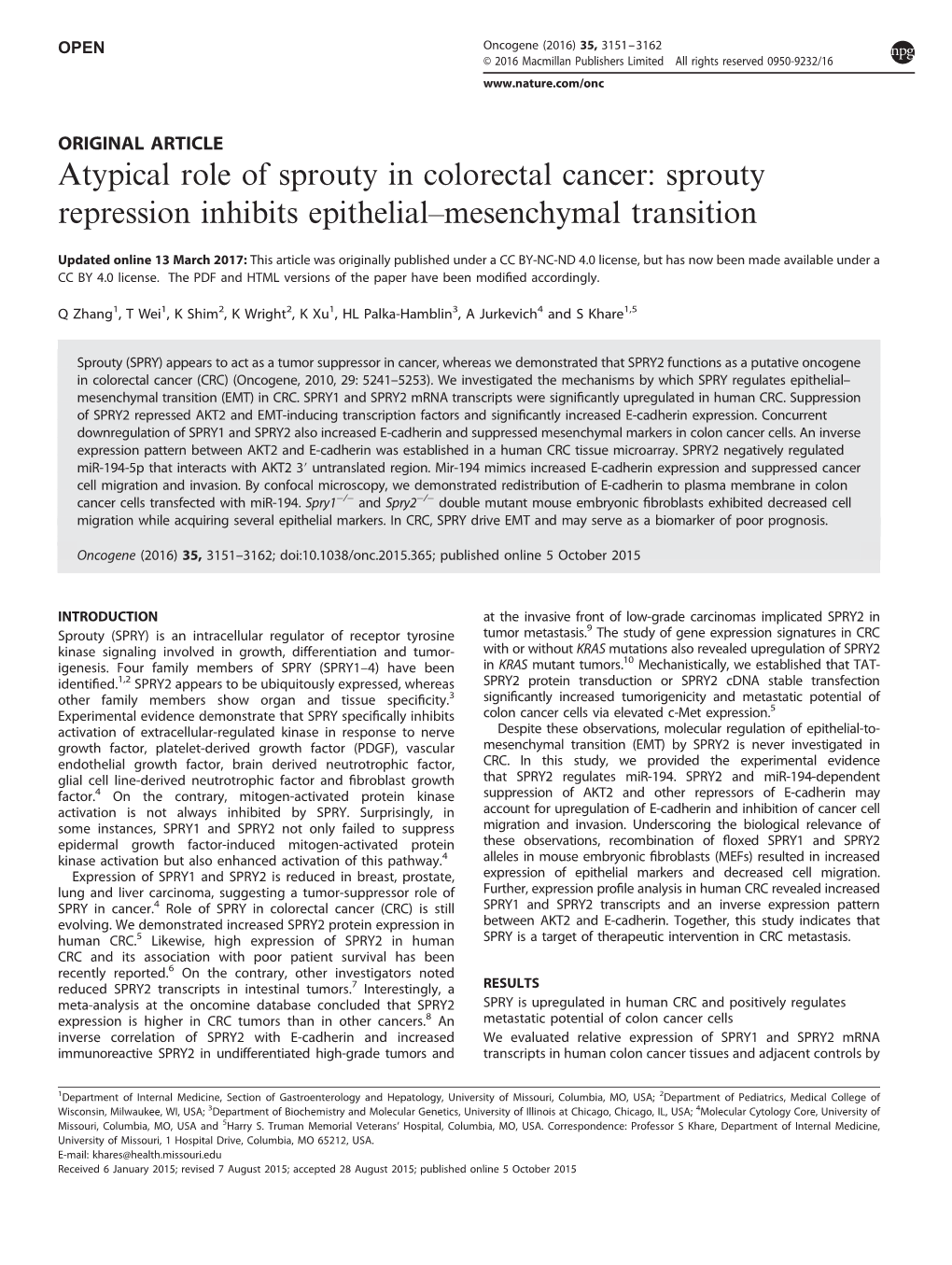 Atypical Role of Sprouty in Colorectal Cancer: Sprouty Repression Inhibits Epithelial–Mesenchymal Transition