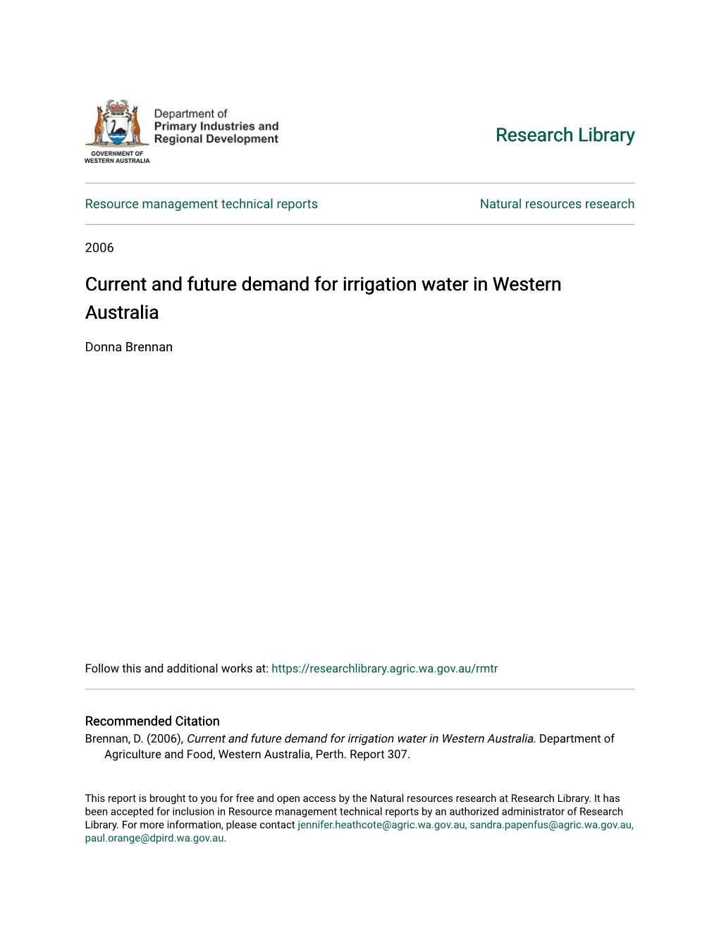 Current and Future Demand for Irrigation Water in Western Australia