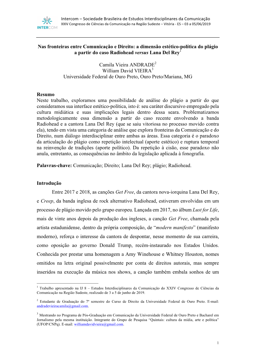 A Dimensão Estético-Política Do Plágio a Partir Do Caso Radiohead Versus Lana Del Rey1