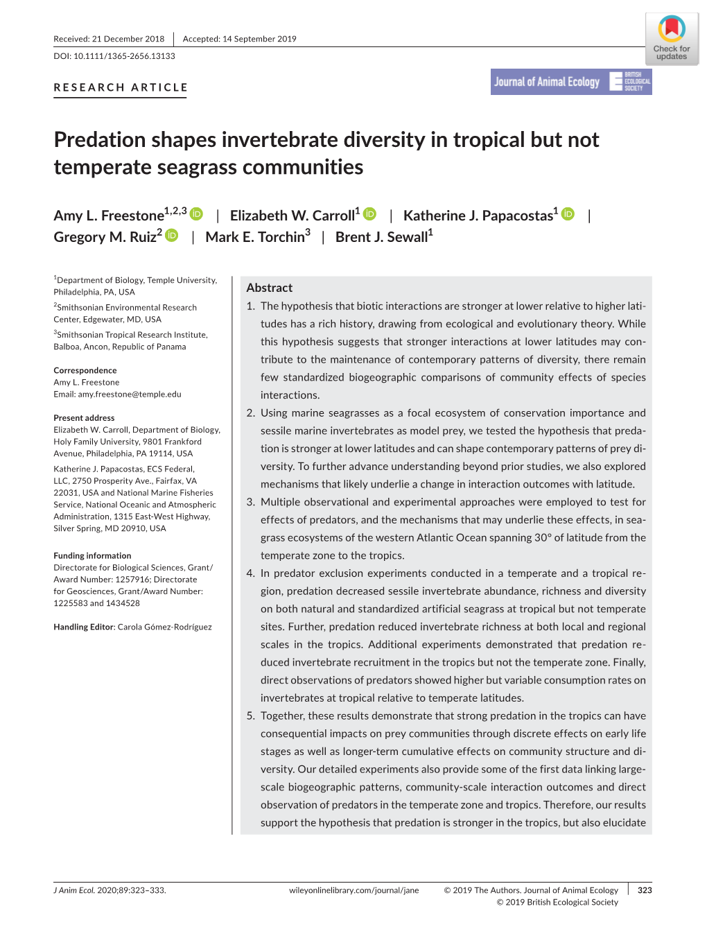 Predation Shapes Invertebrate Diversity in Tropical but Not Temperate Seagrass Communities