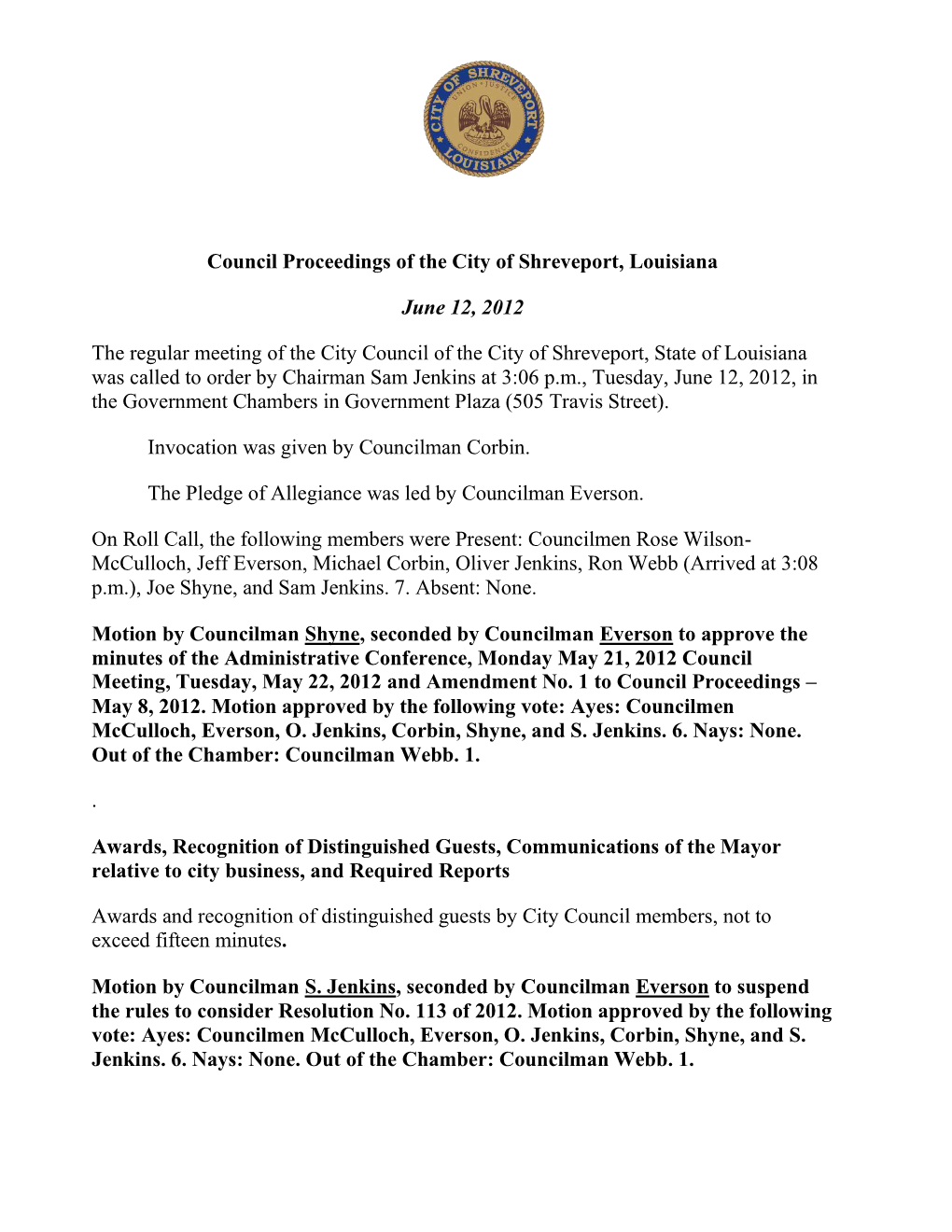 Council Proceedings of the City of Shreveport, Louisiana June 12