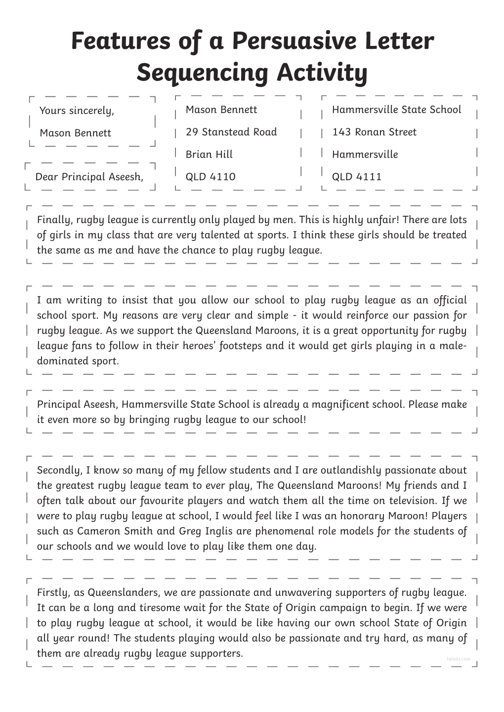 Features of a Persuasive Letter Sequencing Activity