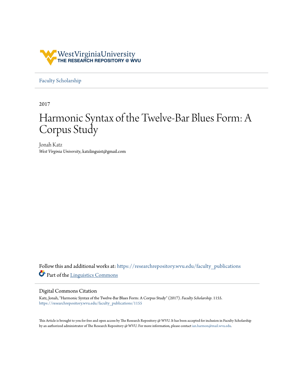 Harmonic Syntax of the Twelve-Bar Blues Form: a Corpus Study Jonah Katz West Virginia University, Katzlinguist@Gmail.Com