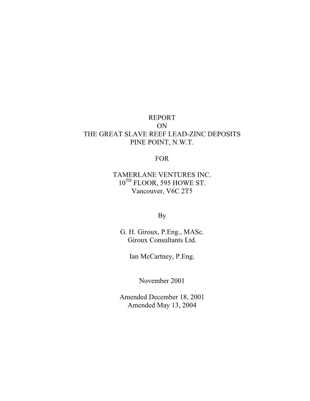 2004 Report for Tamerlane on Great Slave Reef Lead-Zinc Deposits