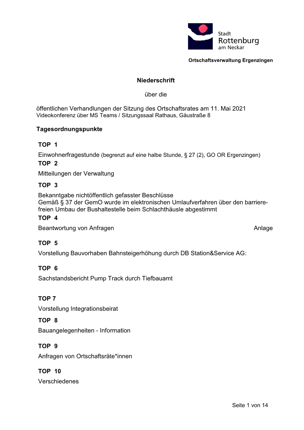 Bericht Zur Ortschaftsratsitzung Am 11. Mai 2021