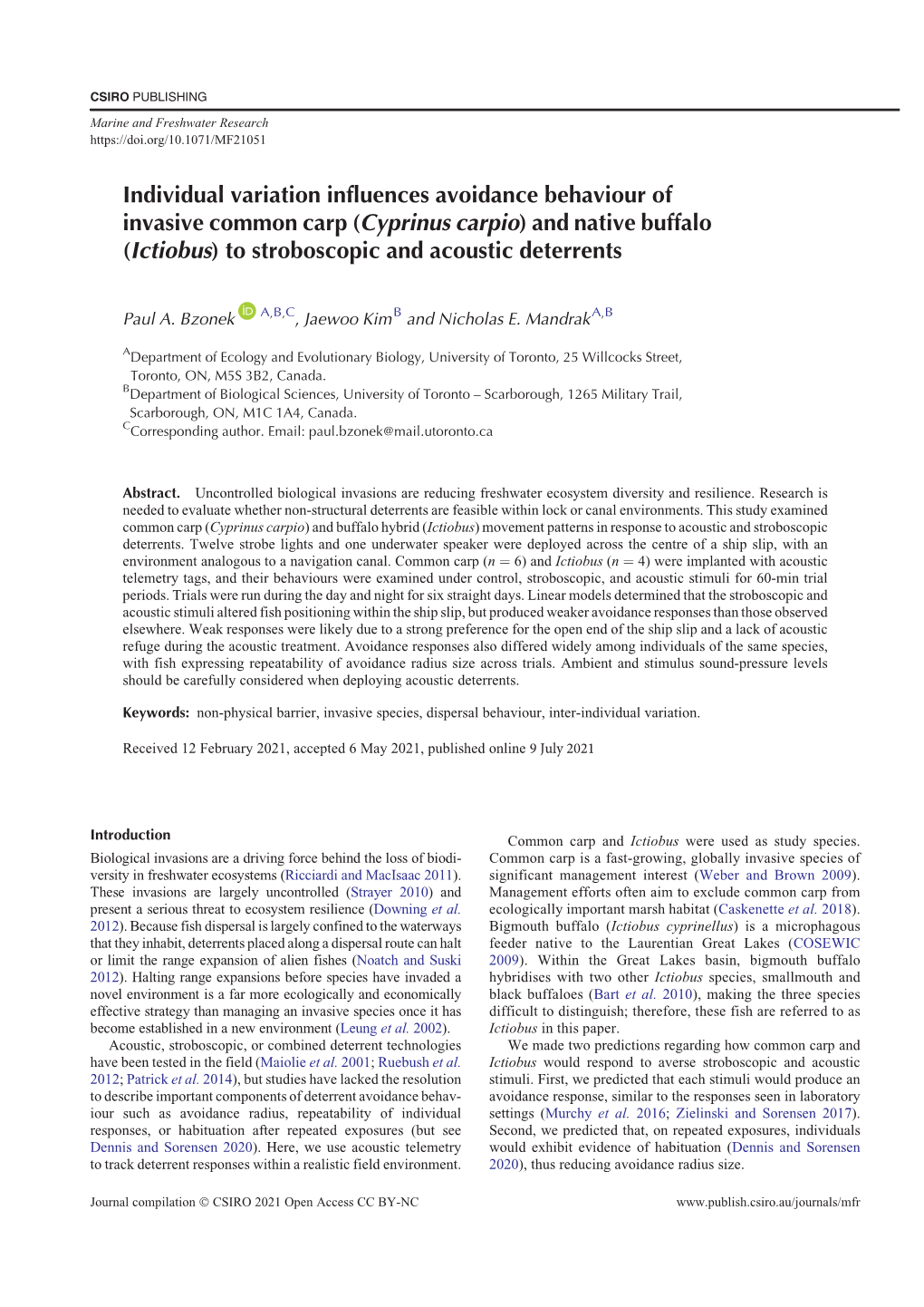 Cyprinus Carpio) and Native Buffalo (Ictiobus) to Stroboscopic and Acoustic Deterrents